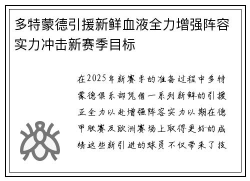 多特蒙德引援新鲜血液全力增强阵容实力冲击新赛季目标