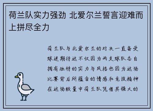 荷兰队实力强劲 北爱尔兰誓言迎难而上拼尽全力