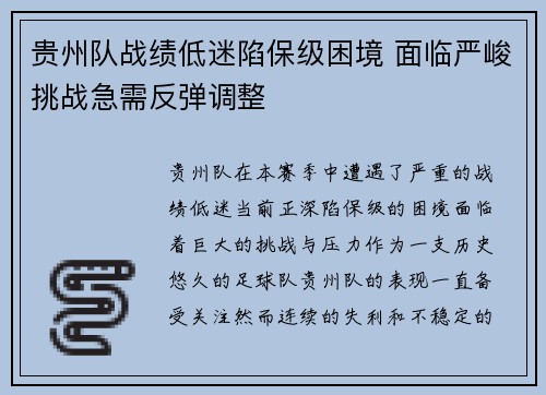 贵州队战绩低迷陷保级困境 面临严峻挑战急需反弹调整