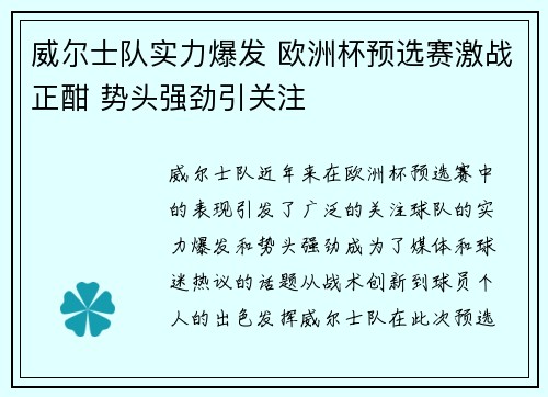 威尔士队实力爆发 欧洲杯预选赛激战正酣 势头强劲引关注